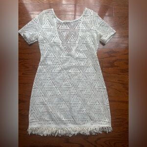 Xhilaration Cover Up Size S Crochet Lace Beach Top Ecru Low Back Fringe Hem